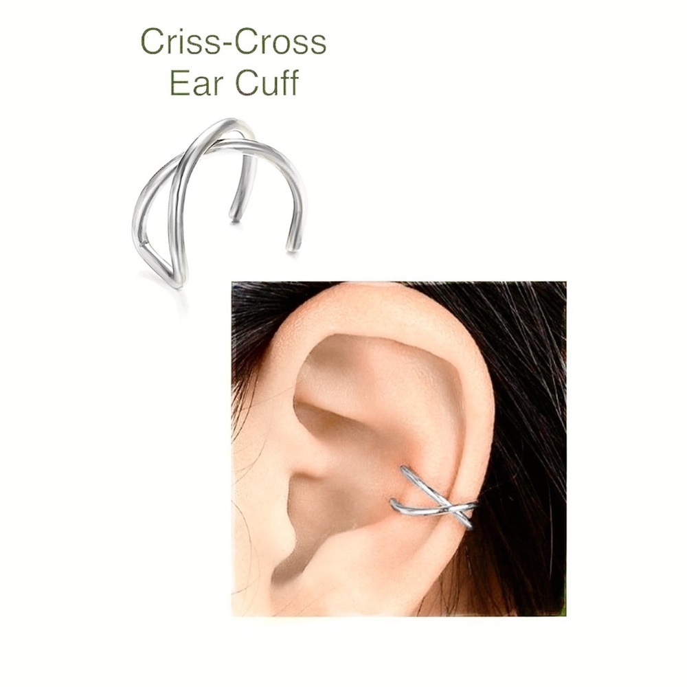 Any 3/$25! Set of 4 Silver Ear Cuffs: 2 Crossed & 2 Bar Ear Cuff Earrings - Picture 4 of 6